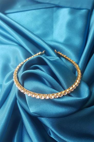 Kadın Gold Detaylı Gümüş Renk Kristal Taşlı Lüx  Model Taç Saç Bandı
