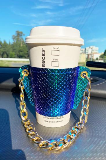 Kadın Hologram Zincirli Coffee Cup Sleeve Deri Bardak Tutacağı