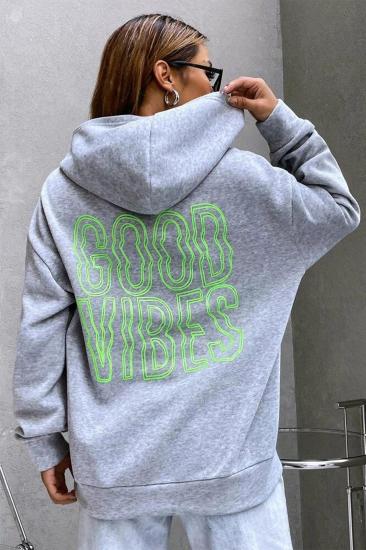 Kadın Gri Good Vibes Oversize Kapüşonlu Sweatshirt