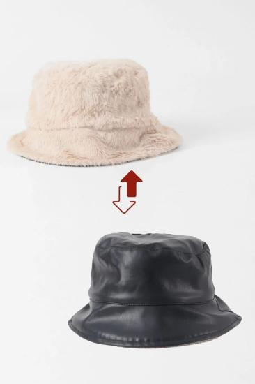 Peluş ve Deri Çift Taraflı Kullanılabilen Bucket Şapka